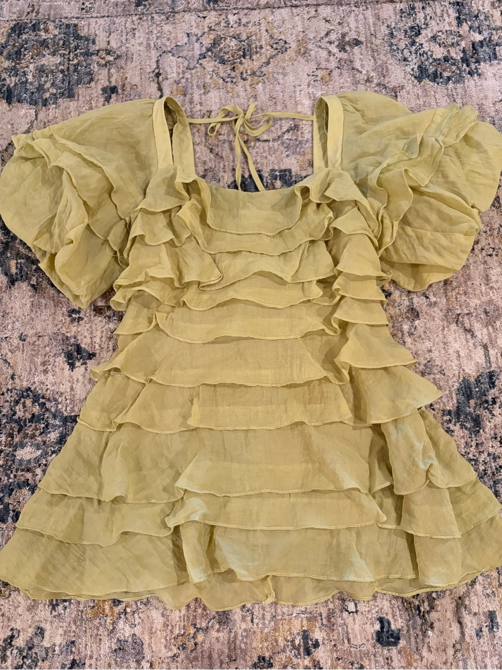 Strut And Bolt Green Mini Dress Ruffled Size Medium Square Neck Open Tie Back